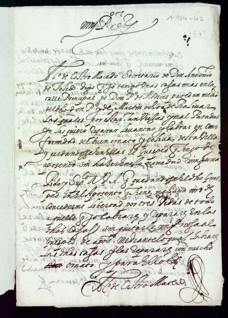 Miniatura de Don Alonso de Castro Macedo, pidiendo licencia para hacer varias obras en una casa de su propiedad Calle de Don Pedro de Medices.