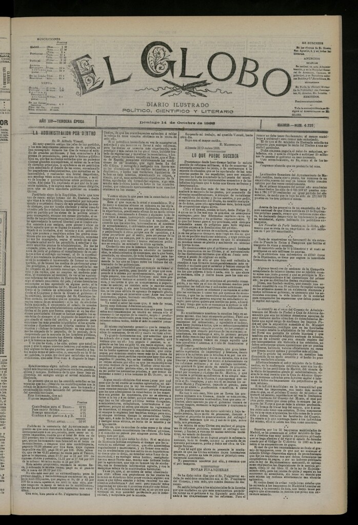 Miniatura de El Globo : diario ilustrado del 14 de octubre de 1888, nº 4729