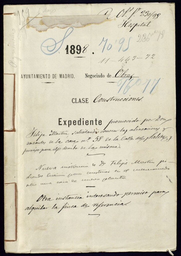 Miniatura de Expediente promovido por don Felipe Martín solicitando conocer las alineaciones y sacantes de las casas, 58 de la calle del Salitre y permiso para el derribo de las misma. Nueva instancia de don Felipe Martín pidiendo licencia para construir en el mencionado sitio una de nueva planta. Otra instancia interesando permiso para alquilar la finca de referencia.
