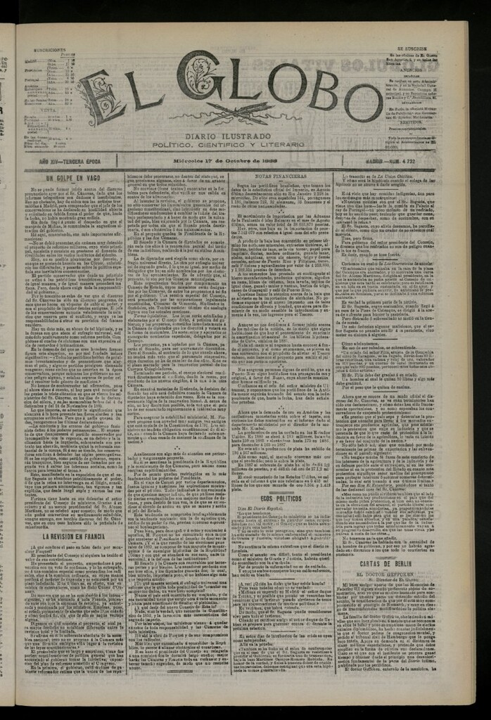 Miniatura de El Globo : diario ilustrado del 17 de octubre de 1888, nº 4732