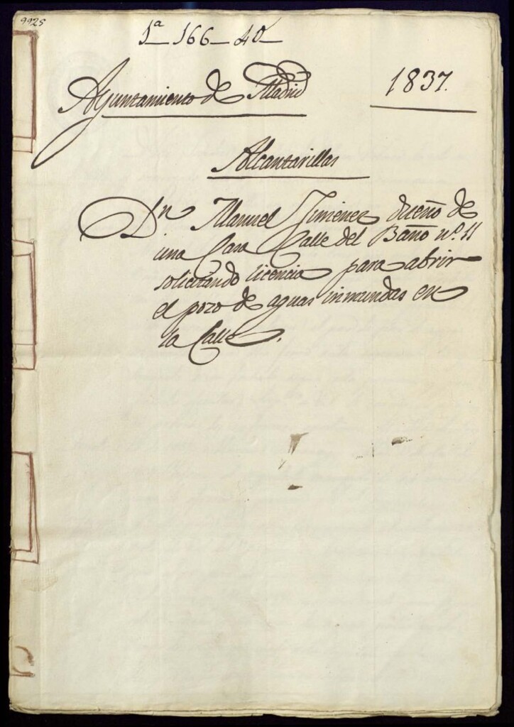 Miniatura de Don Manuel Jiménez dueño de una casa en la calle del Baño , 11, solicitando licencia para abrir el pozo de aguas inmundas en la calle.