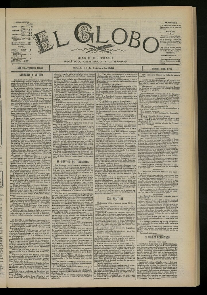 Miniatura de El Globo : diario ilustrado del 20 de octubre de 1888, nº 4735