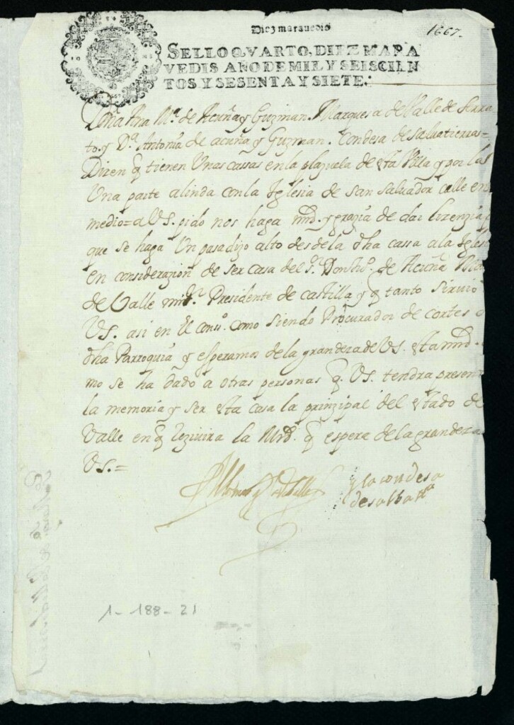 Miniatura de Licencia a la marquesa de Valle Serrato y la Condesa de Salvatierra para hacer un pasadizo desde sus casas Plazuela de la Villa a San Salvador.