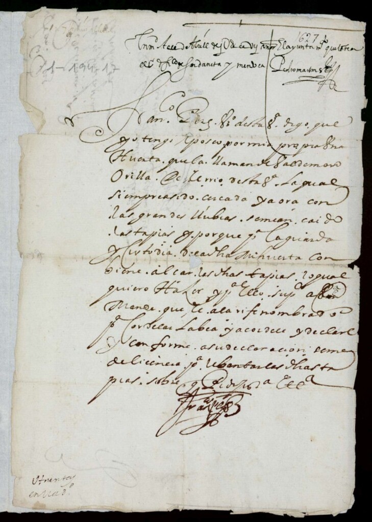 Miniatura de Licencia a Francisco Pérez para construir las tapias de su huerta que llamaban de Valdemoro, afueras de la puerta de Atocha.