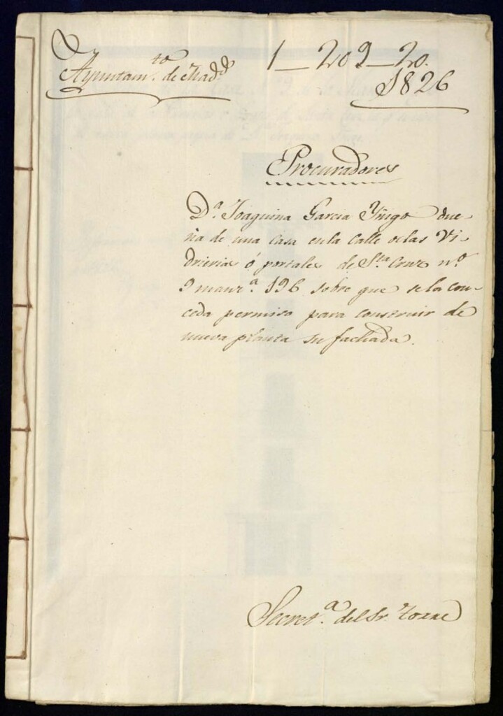 Miniatura de Doña Joaquina García Íñigo, dueña de una casa en la calle de las vidrieras o portales de Santa Cruz, 9, manzana 196, sobre que se le conceda permiso para construir de nueva planta su fachada.