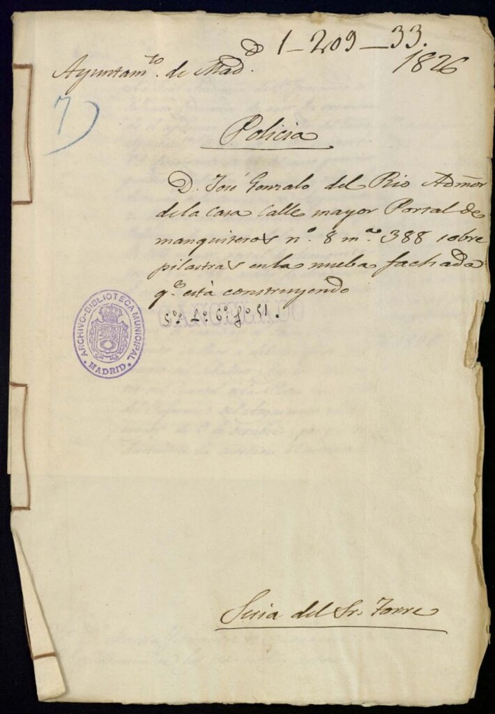 Miniatura de Don José Gonzalo del Río Administrador de la casa calle Mayor Portal de Manguiteros, 8, manzana 388 sobre pilastras en la nueva fachada que está construyendo.