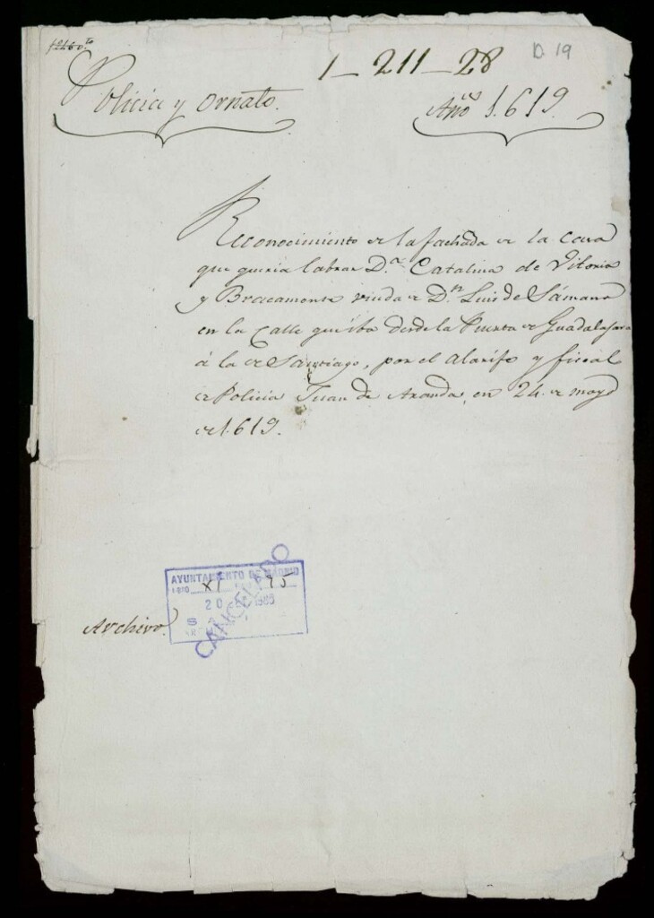 Miniatura de Reconocimiento para labrar la fachada de la casa de Doña Catalina de Vitoria y Bracamonte Reguero, viuda de Don Luis de Samano, en la calle que iba desde Puerta de Guadalajara a la de Santiago, hoy Mayor.