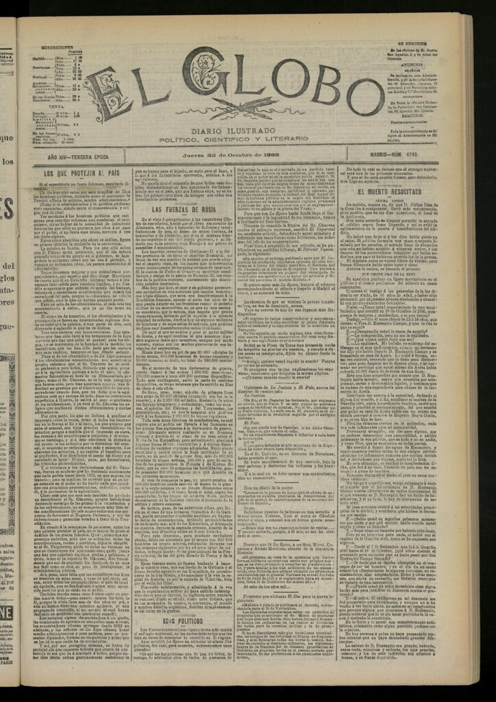 Miniatura de El Globo : diario ilustrado del 25 de octubre de 1888, nº 4740