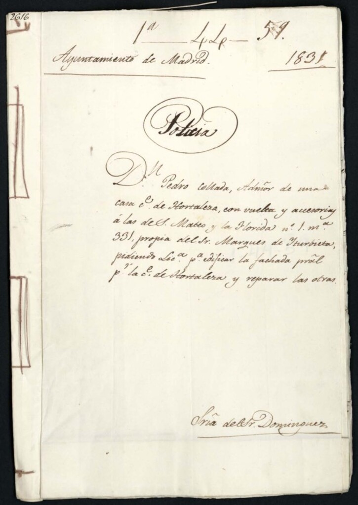 Miniatura de Don Pedro Collada, administrador de una casa, calle de Hortaleza, con vuelta y accesorias a las de San Mateo y Florida nº 1 manzana 331, propia del Sr. Marqués de Iturbieta, pidiendo licencia para edificar la fachada principal por la calle de Hortaleza y reparar las otras.