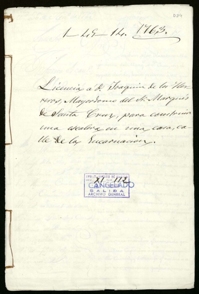 Miniatura de Licencia a Don Joaquín de los Herreros por el marqués de Santa Cruz para construir una escalera en una casa de la plaza de la Encarnación