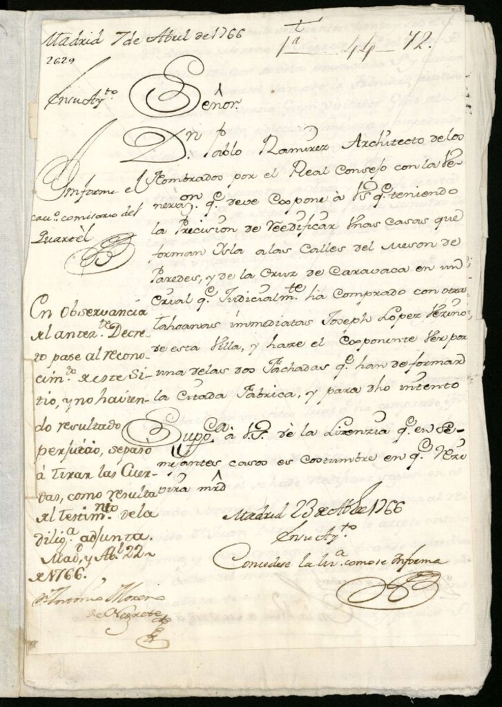 Miniatura de Licencia a Don Pablo Ramírez por José López para edificar unas casas en la Calle de Mesón de Paredes y la Cruz de Caravaca