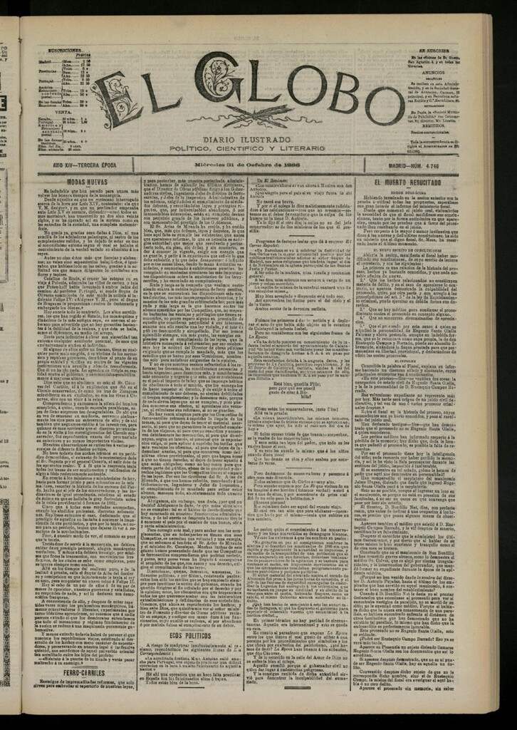 Miniatura de El Globo : diario ilustrado del 31 de octubre de 1888, nº 4746