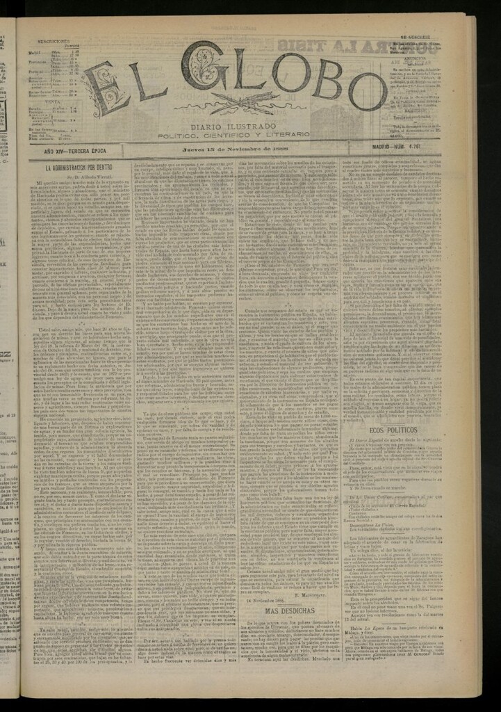 Miniatura de El Globo : diario ilustrado del 15 de noviembre de 1888, nº 4761