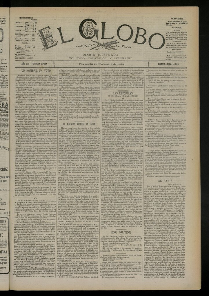 Miniatura de El Globo : diario ilustrado del 23 de noviembre de 1888, nº 4769