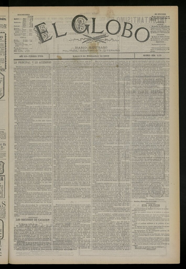 Miniatura de El Globo : diario ilustrado del 3 de diciembre de 1888, nº 4779