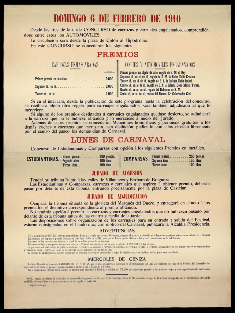 Miniatura de Madrid. Carnaval de 1910. Premios