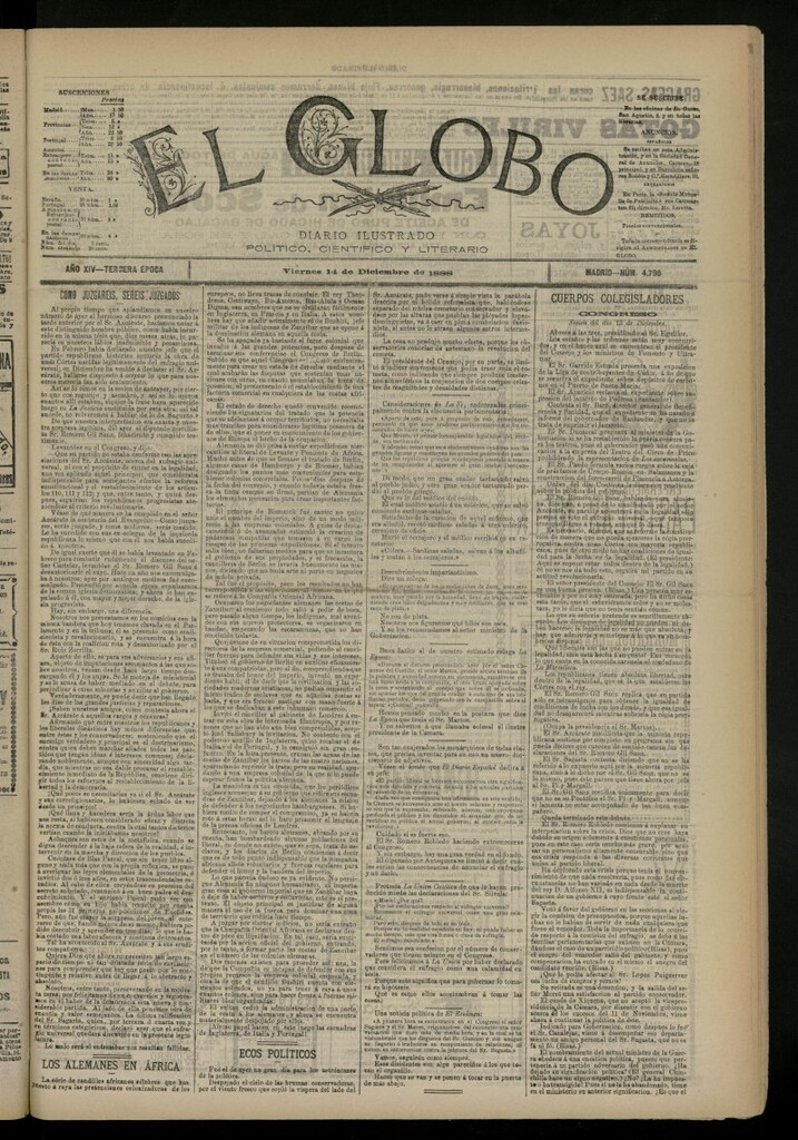 Miniatura de El Globo : diario ilustrado del 14 de diciembre de 1888, nº 4790