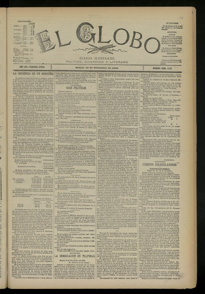 Miniatura de El Globo : diario ilustrado del 15 de diciembre de 1888, nº 4791