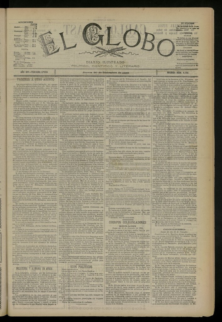 Miniatura de El Globo : diario ilustrado del 20 de diciembre de 1888, nº 4796