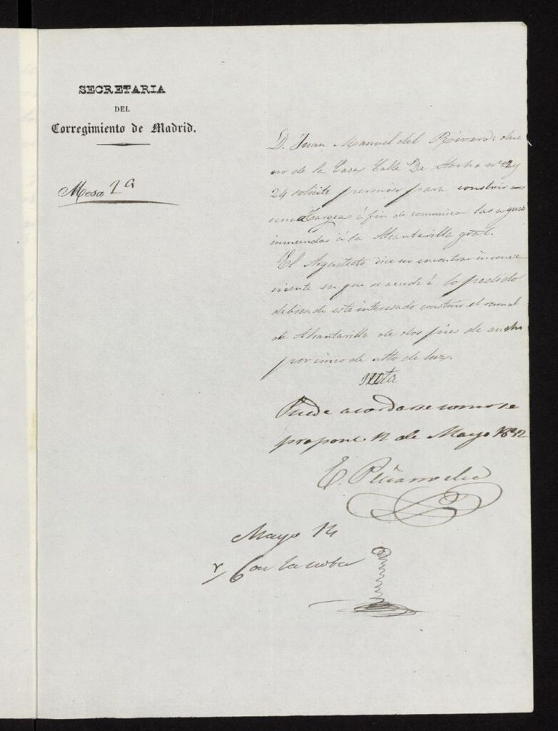 Miniatura de Licencia a Don Juan Manuel del Rivero, para construir calle de Atocha 22 y 24, manzana  156 y abono de pies de sitio