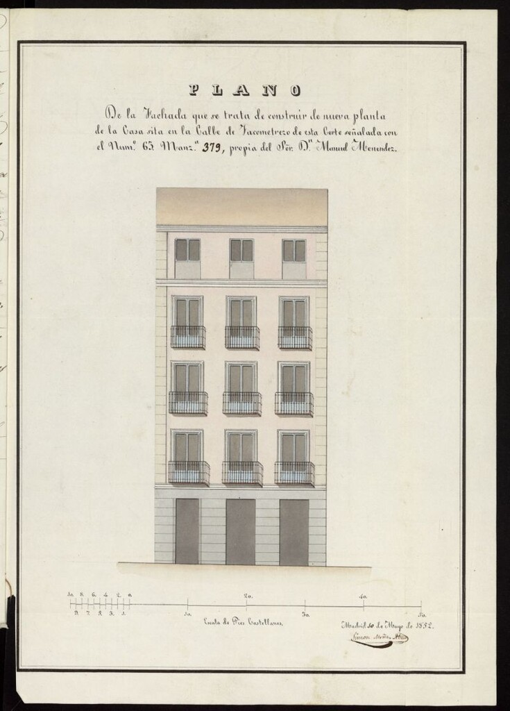 Miniatura de Licencia a Don Manuel Menéndez para construir en la calle Jacometrezo 63 moderno, 13 antiguo, manzana 379