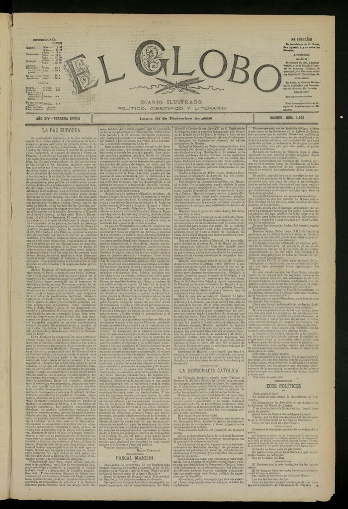Miniatura de El Globo : diario ilustrado del 31 de diciembre de 1888,nº 4806