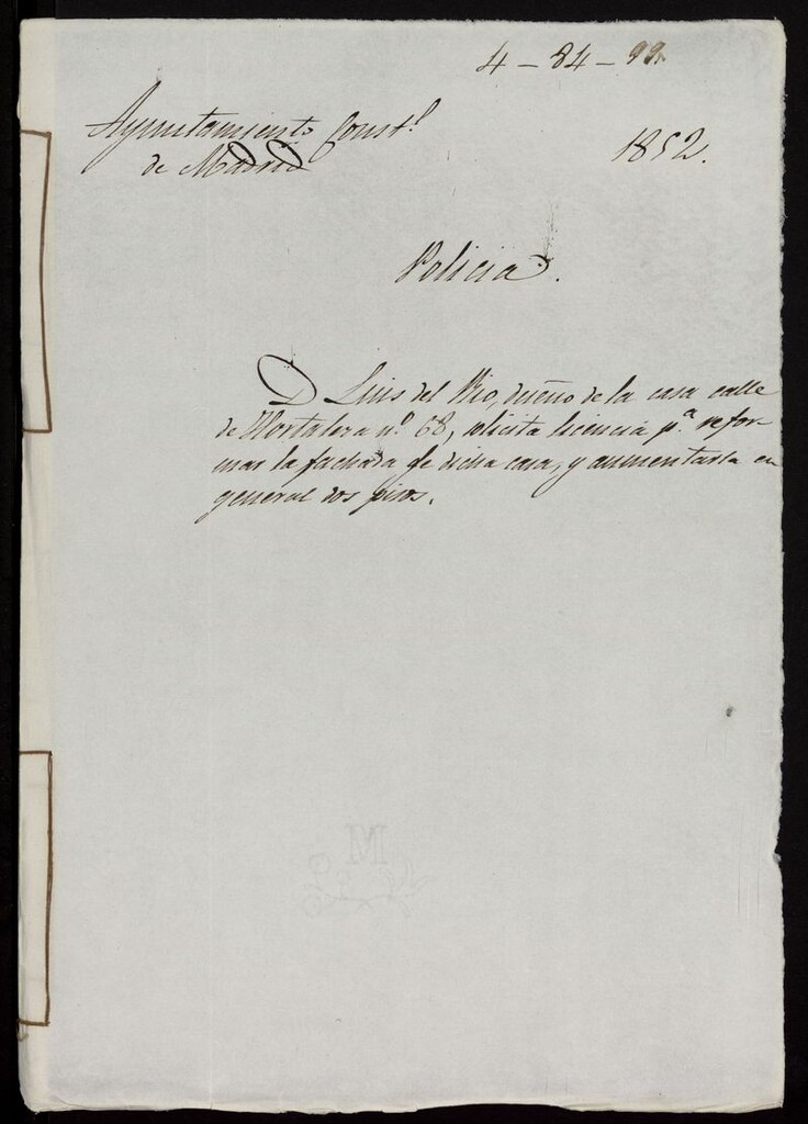 Miniatura de Licencia a D. Luis del Río, para formar la fachada calle de Hortaleza nº 68, manzana 311