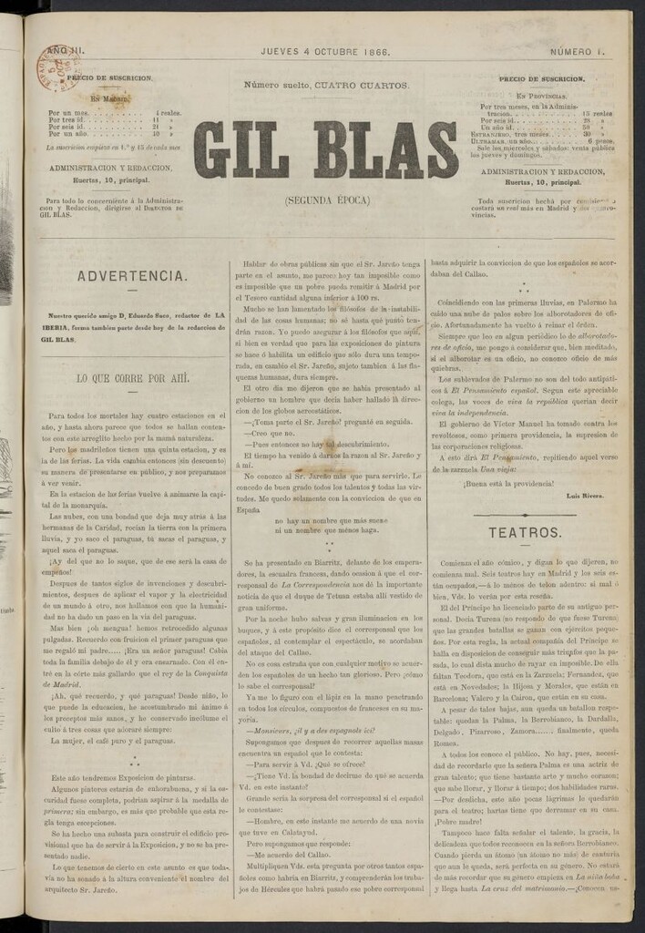 Miniatura de Gil Blas del 4 de octubre de 1866, nº 1