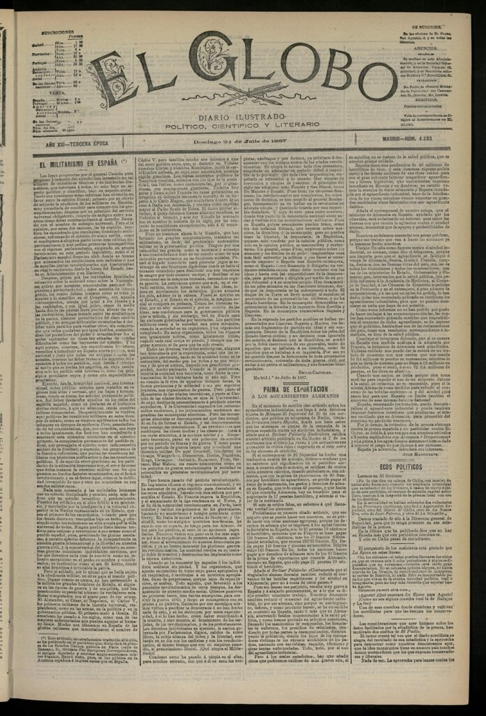 Miniatura de El Globo : diario ilustrado del 24 de julio de 1887, nº 4283