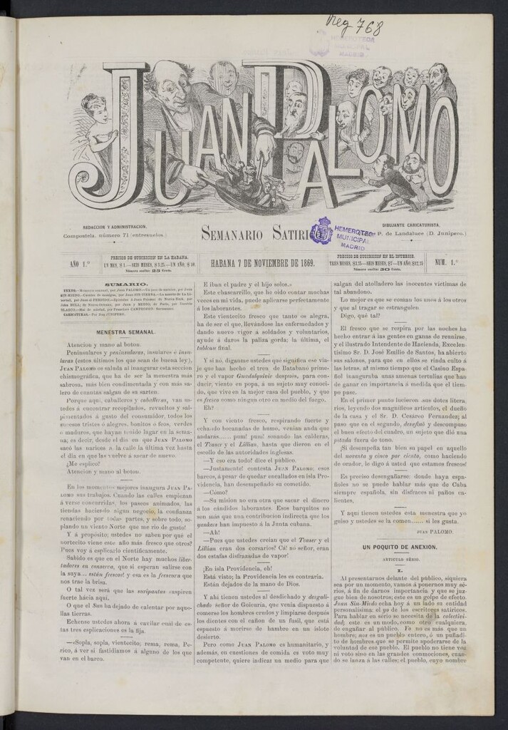 Miniatura de Juan Palomo: semanario satírico del 7 de noviembre de 1869, nº 1