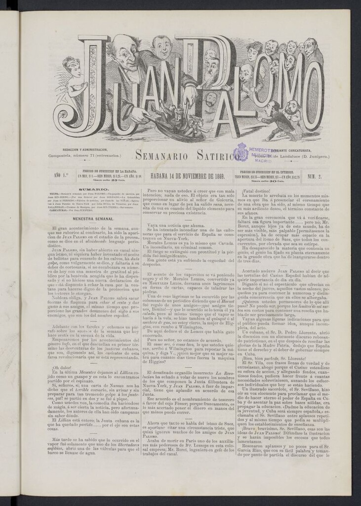 Miniatura de Juan Palomo: semanario satírico del 14 de noviembre de 1869, nº 2