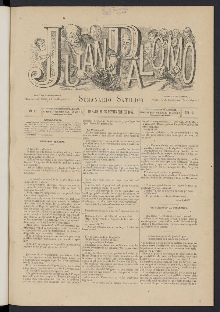 Miniatura de Juan Palomo: semanario satírico del 21 de noviembre de 1869, nº 3
