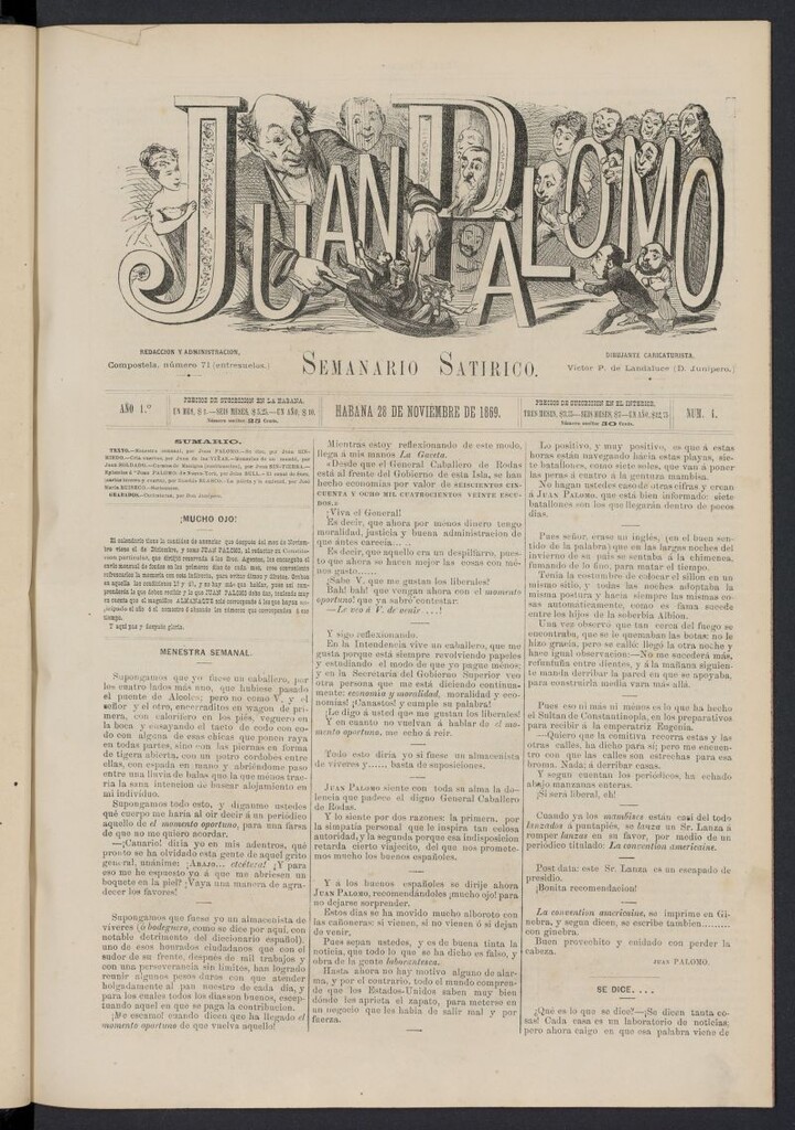 Miniatura de Juan Palomo: semanario satírico del 28 de noviembre de 1869, nº 4