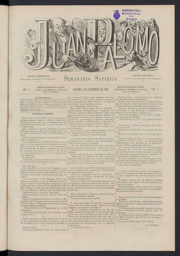 Miniatura de Juan Palomo: semanario satírico del 5 de diciembre de 1869, nº 5