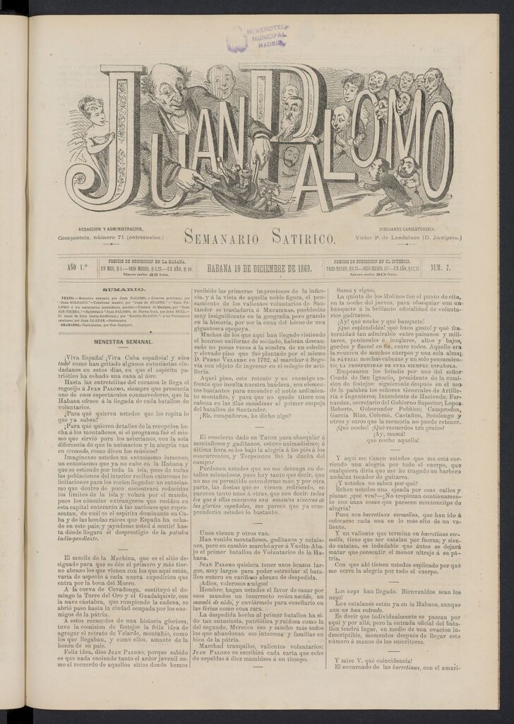 Miniatura de Juan Palomo: semanario satírico del 19 de diciembre de 1869, nº 7