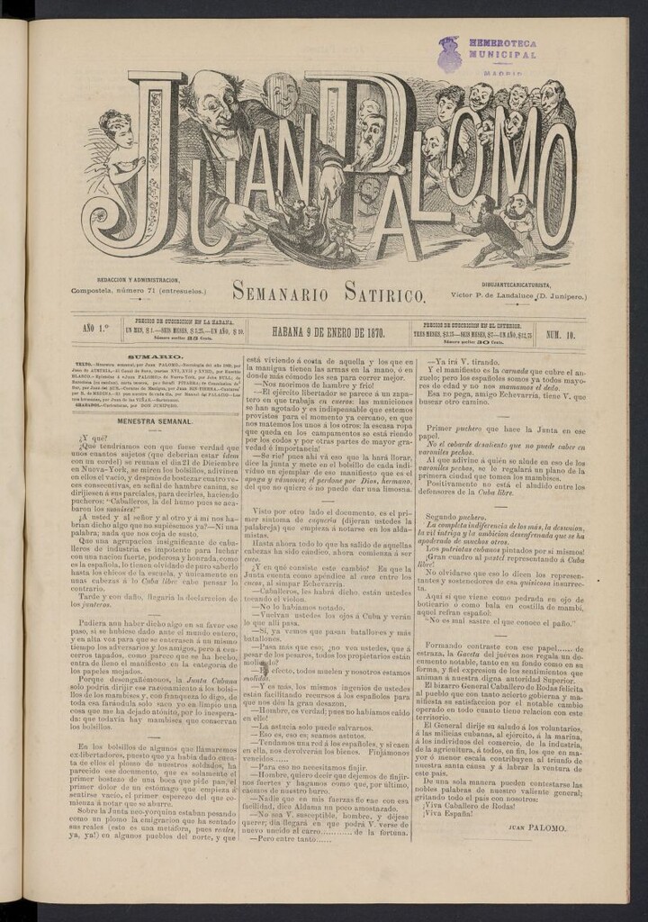 Miniatura de Juan Palomo: semanario satírico del 9 de enero de 1870, nº 10