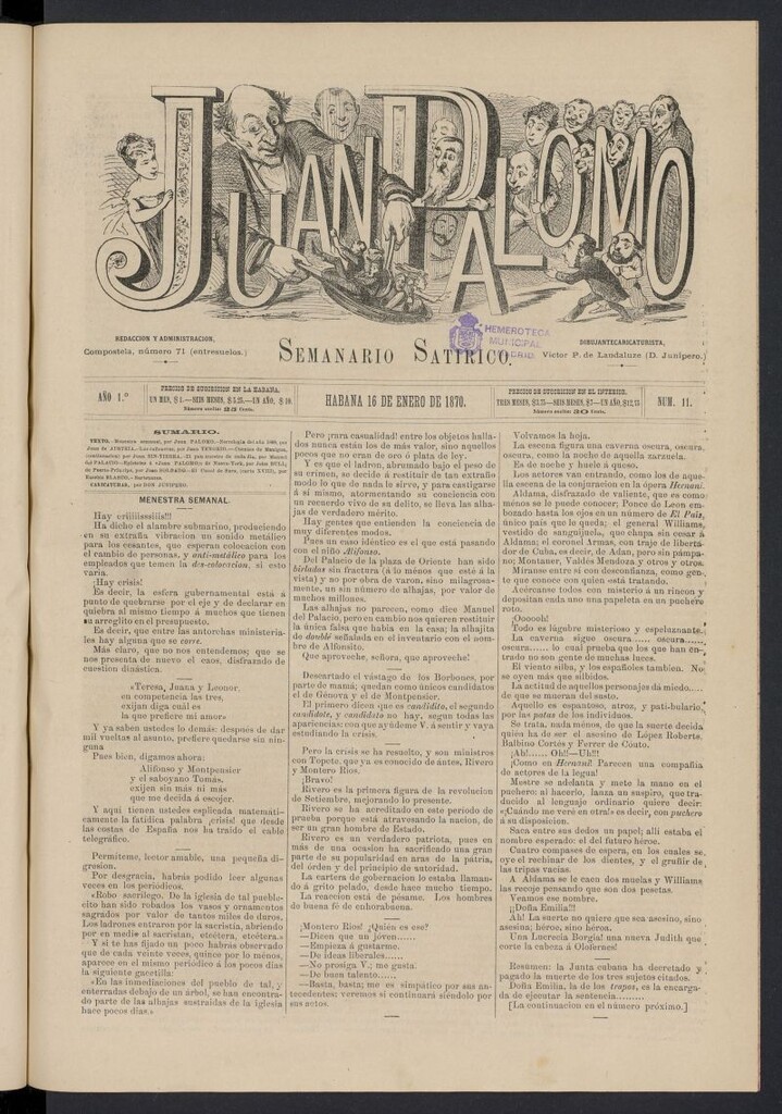 Miniatura de Juan Palomo: semanario satírico del 16 de enero de 1870, nº 11