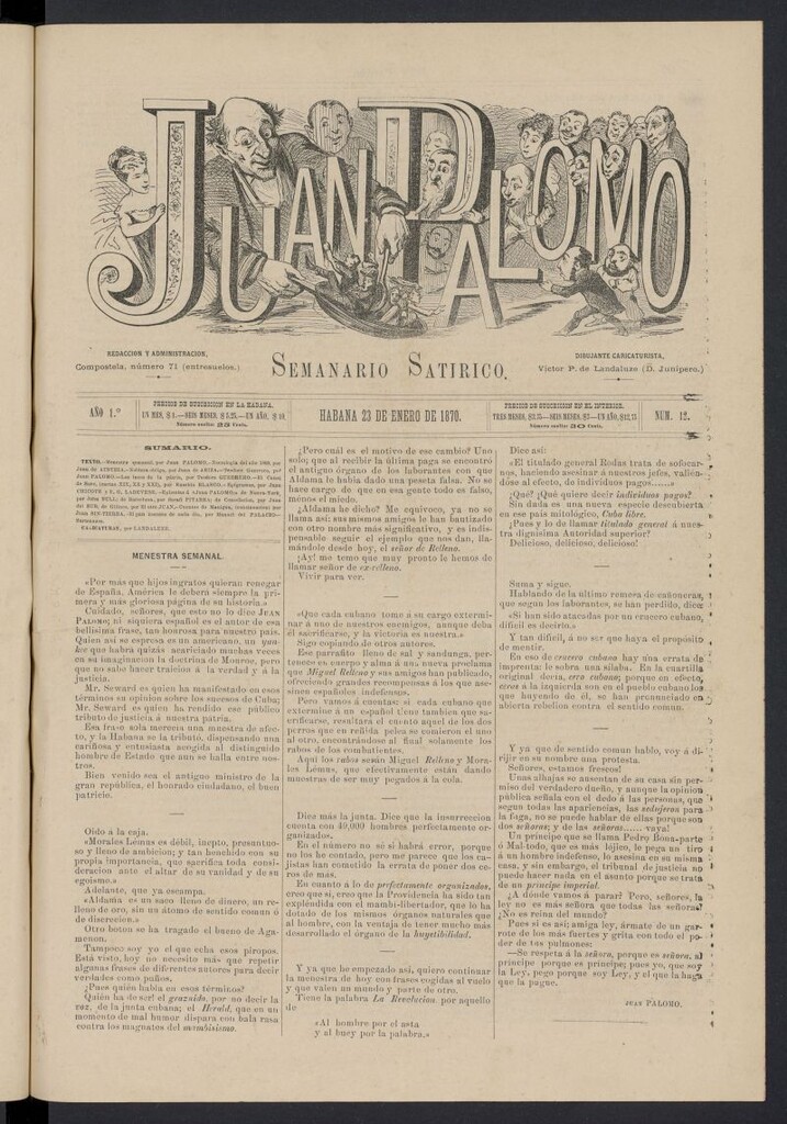 Miniatura de Juan Palomo: semanario satírico del 23 de enero de 1870, nº 12