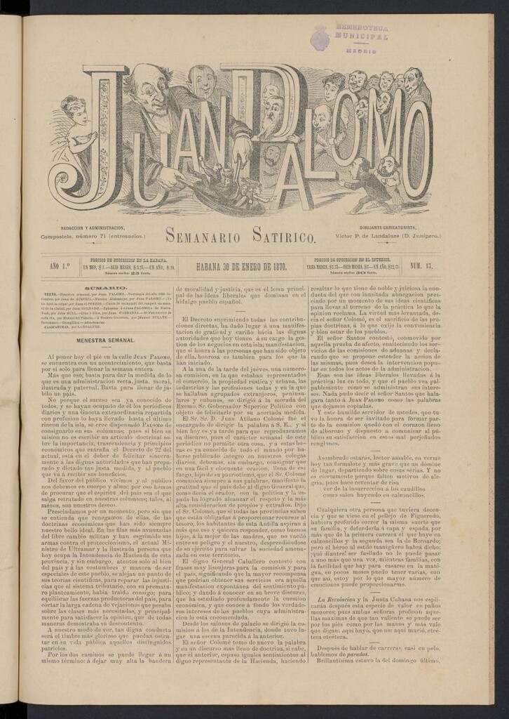 Miniatura de Juan Palomo: semanario satírico del 30 de enero de 1870, nº 13