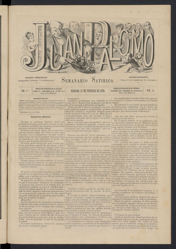 Miniatura de Juan Palomo: semanario satírico del 13 de febrero de 1870, nº 15