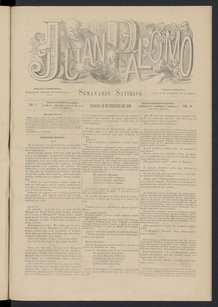 Miniatura de Juan Palomo: semanario satírico del 20 de febrero de 1870, nº 16