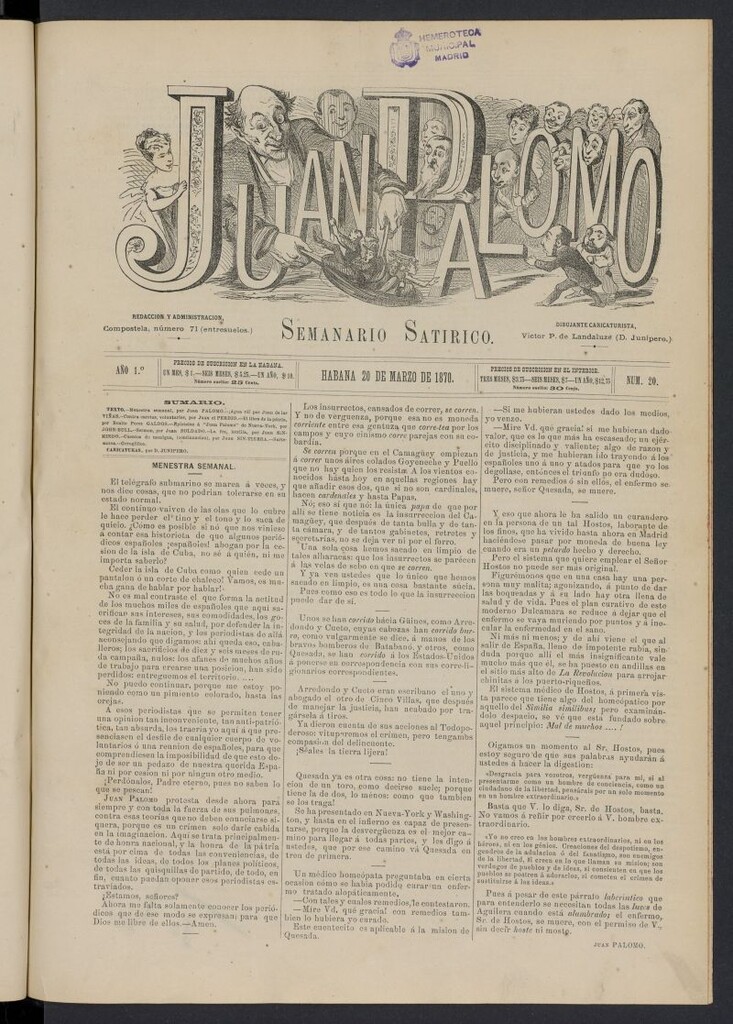 Miniatura de Juan Palomo: semanario satírico del 20 de marzo de 1870, nº 20