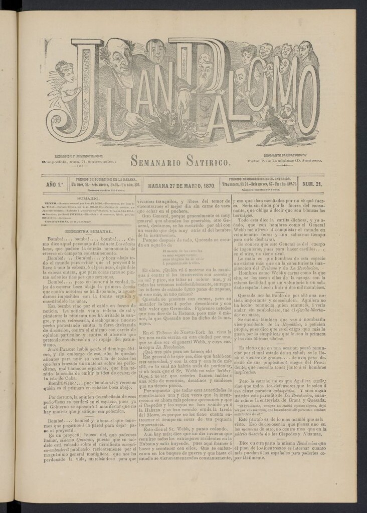 Miniatura de Juan Palomo: semanario satírico del 27 de marzo de 1870, nº 21