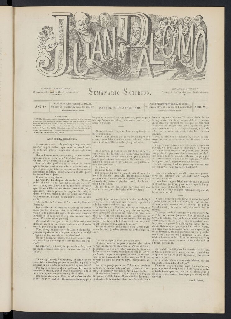 Miniatura de Juan Palomo: semanario satírico del 24 de abril de 1870, nº 25