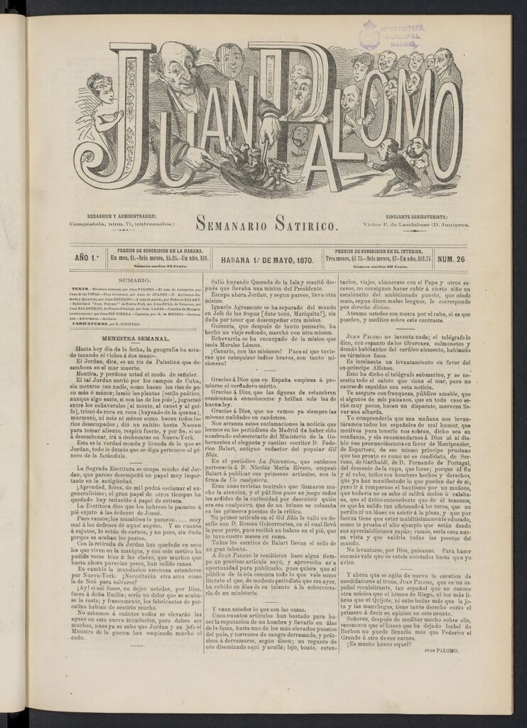 Miniatura de Juan Palomo: semanario satírico del 1 de mayo de 1870, nº 26
