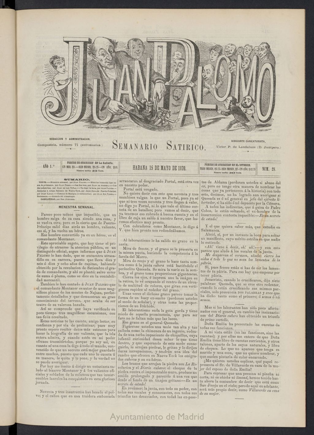 Miniatura de Juan Palomo: semanario satírico del 15 de mayo de 1870, nº 28