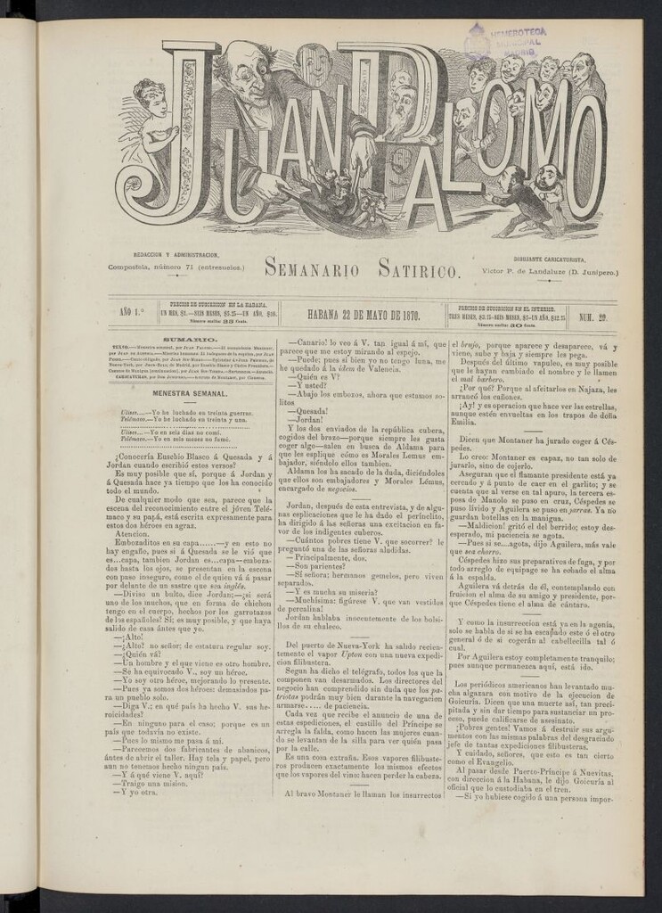 Miniatura de Juan Palomo: semanario satírico del 22 de mayo de 1870, nº 29