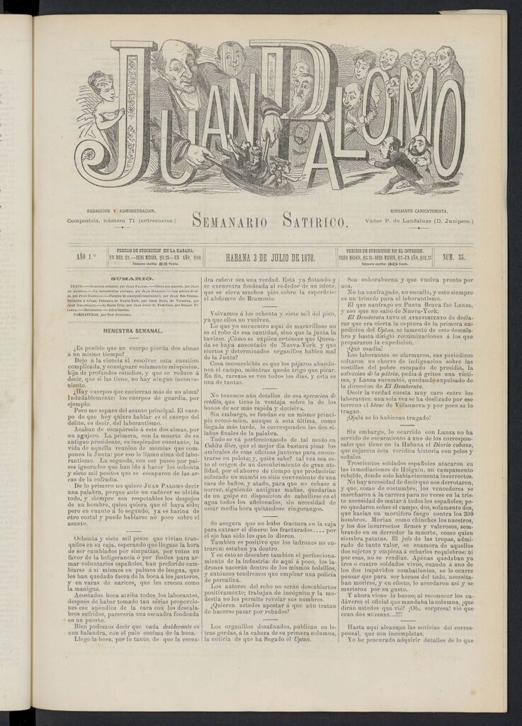 Miniatura de Juan Palomo: semanario satírico del 3 de julio de 1870, nº 35