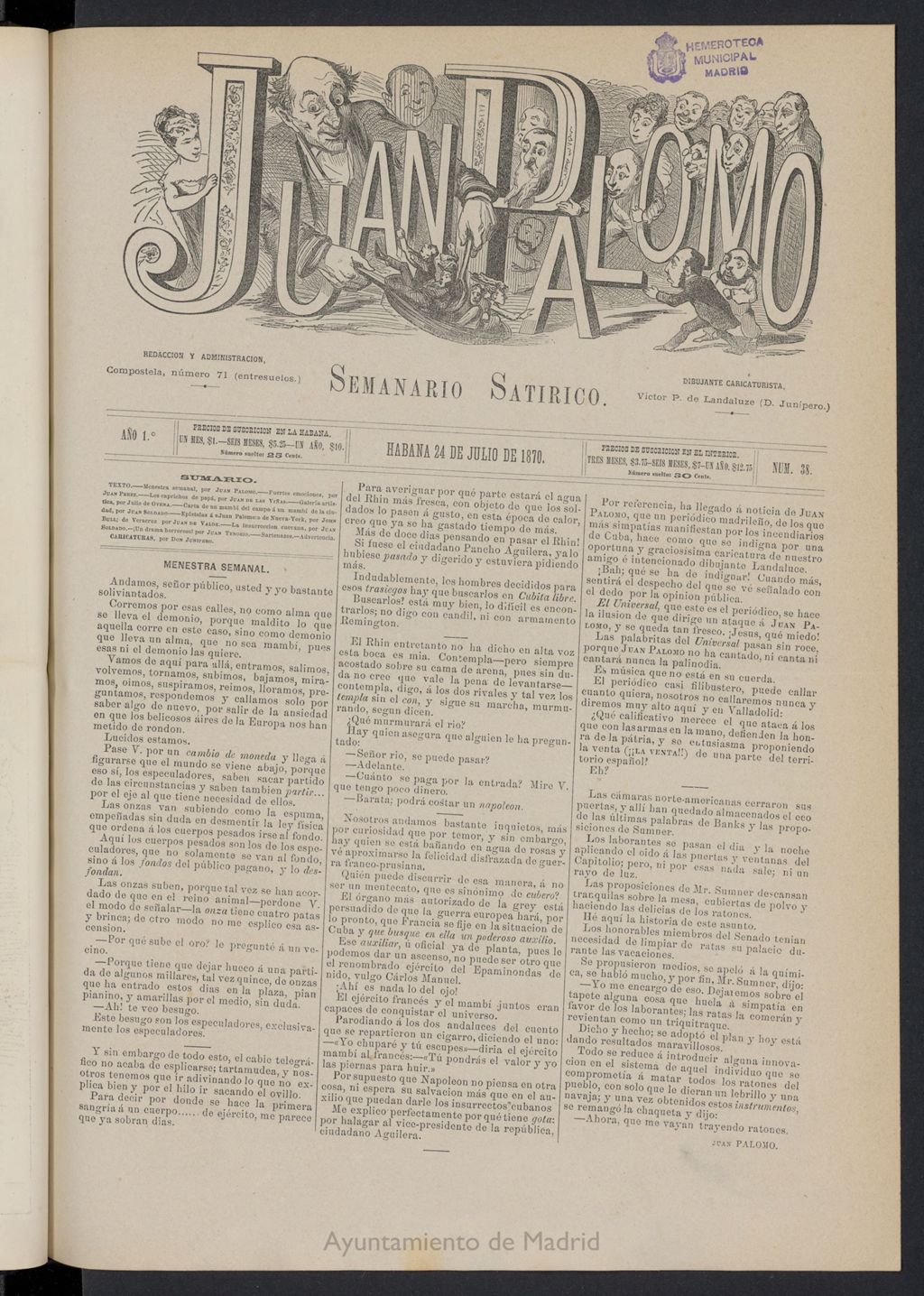 Miniatura de Juan Palomo: semanario satírico del 24 de julio de 1870, nº 38