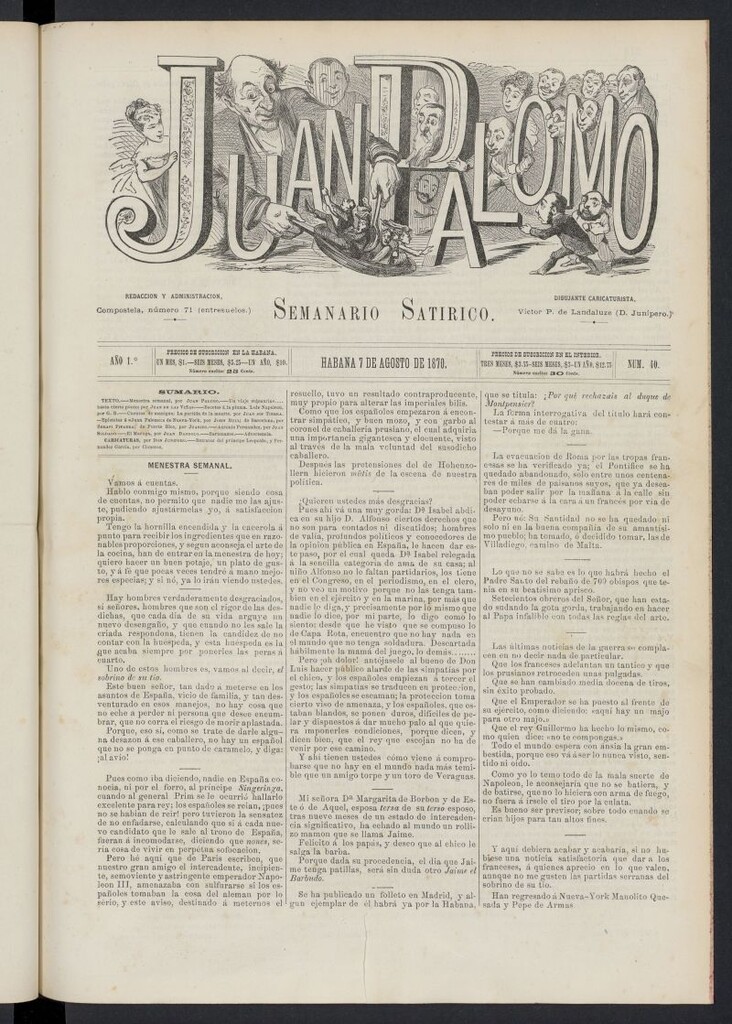 Miniatura de Juan Palomo: semanario satírico del 7 de agosto de 1870, nº 40